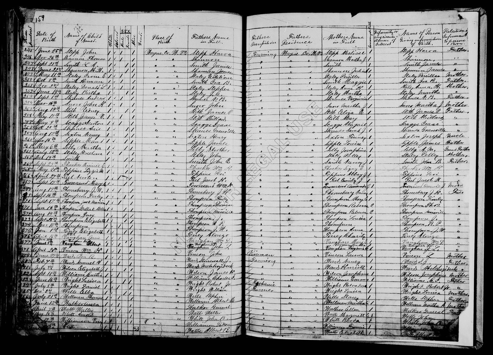 Handwritten two-page Wayne County birth register containing the Donald L. Staley entry and parent columns.