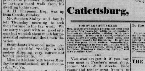Newspaper crop with a White's Creek item reporting that Stephen Staley and family left for the far west.