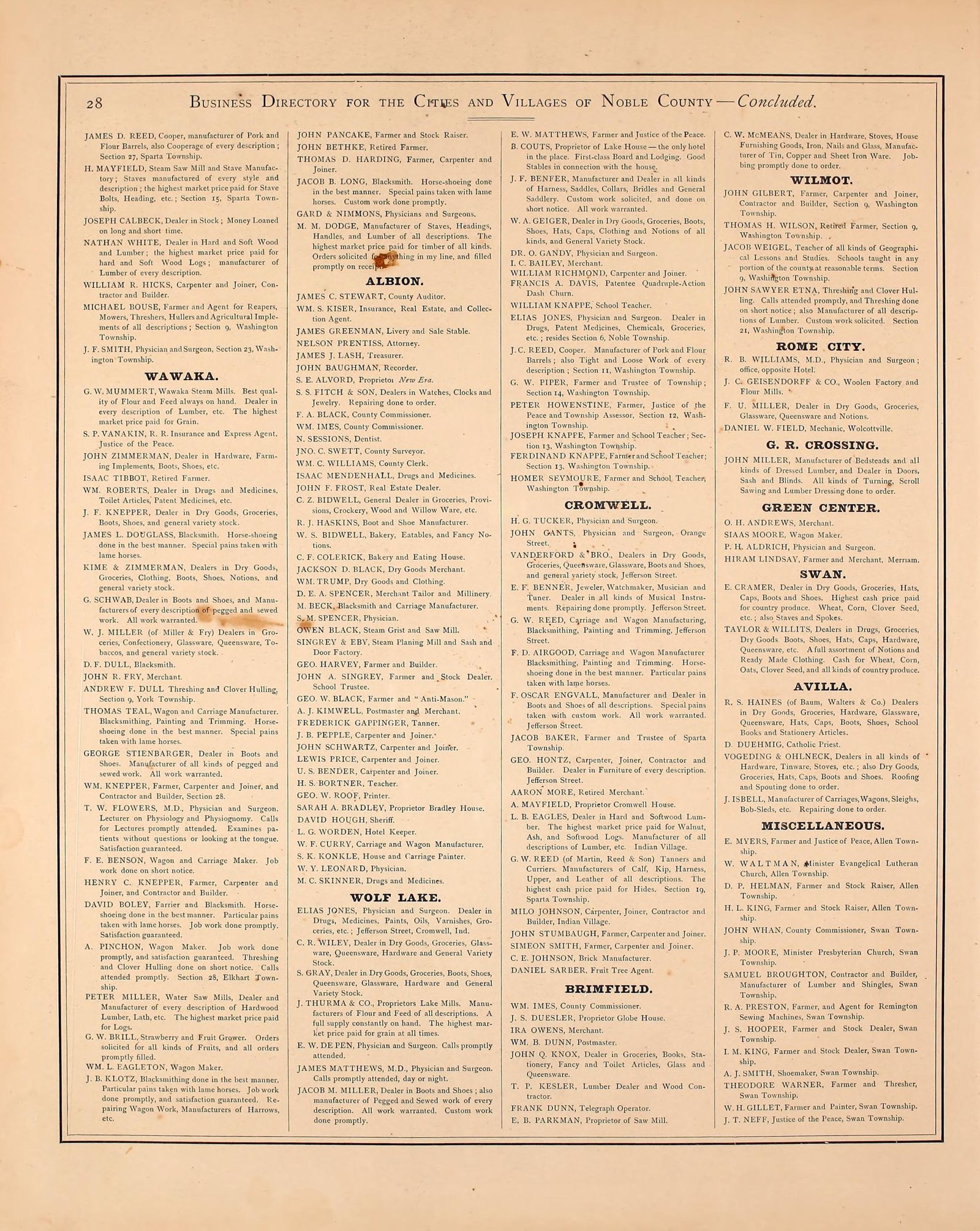 Full 1874 Noble County business-directory page with the S. K. Konkle house and carriage painter entry in the Albion column.