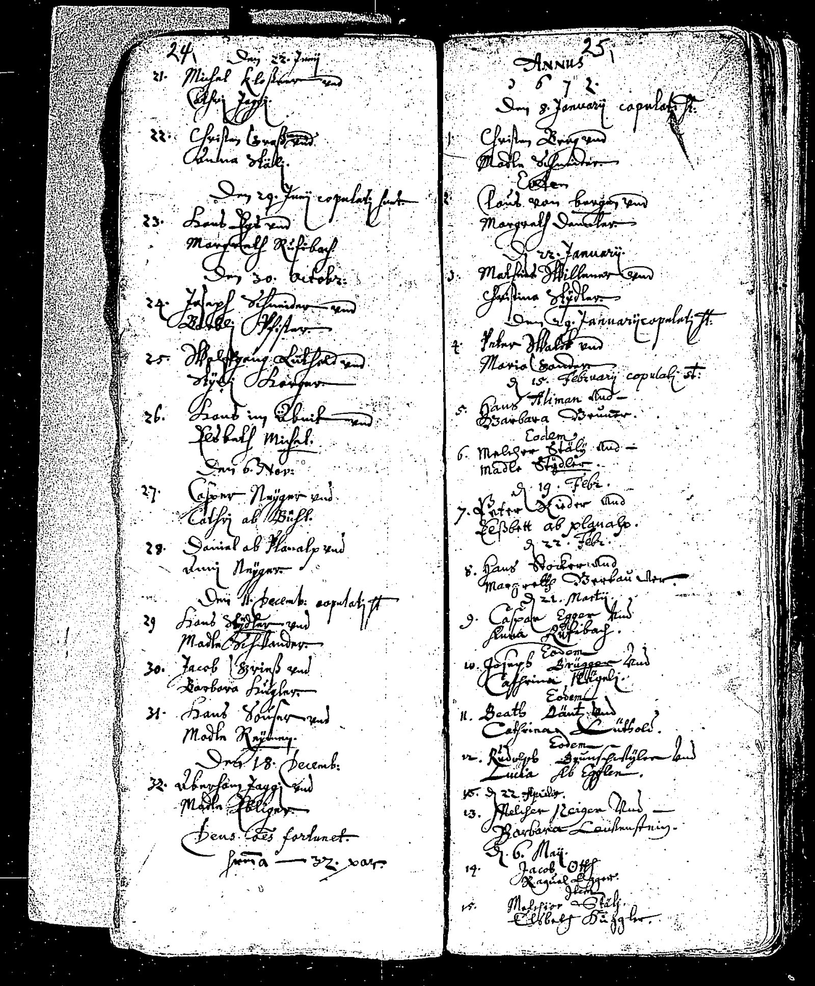 Black-and-white Meiringen marriage-register spread for 1672 with item six on folio 25.
