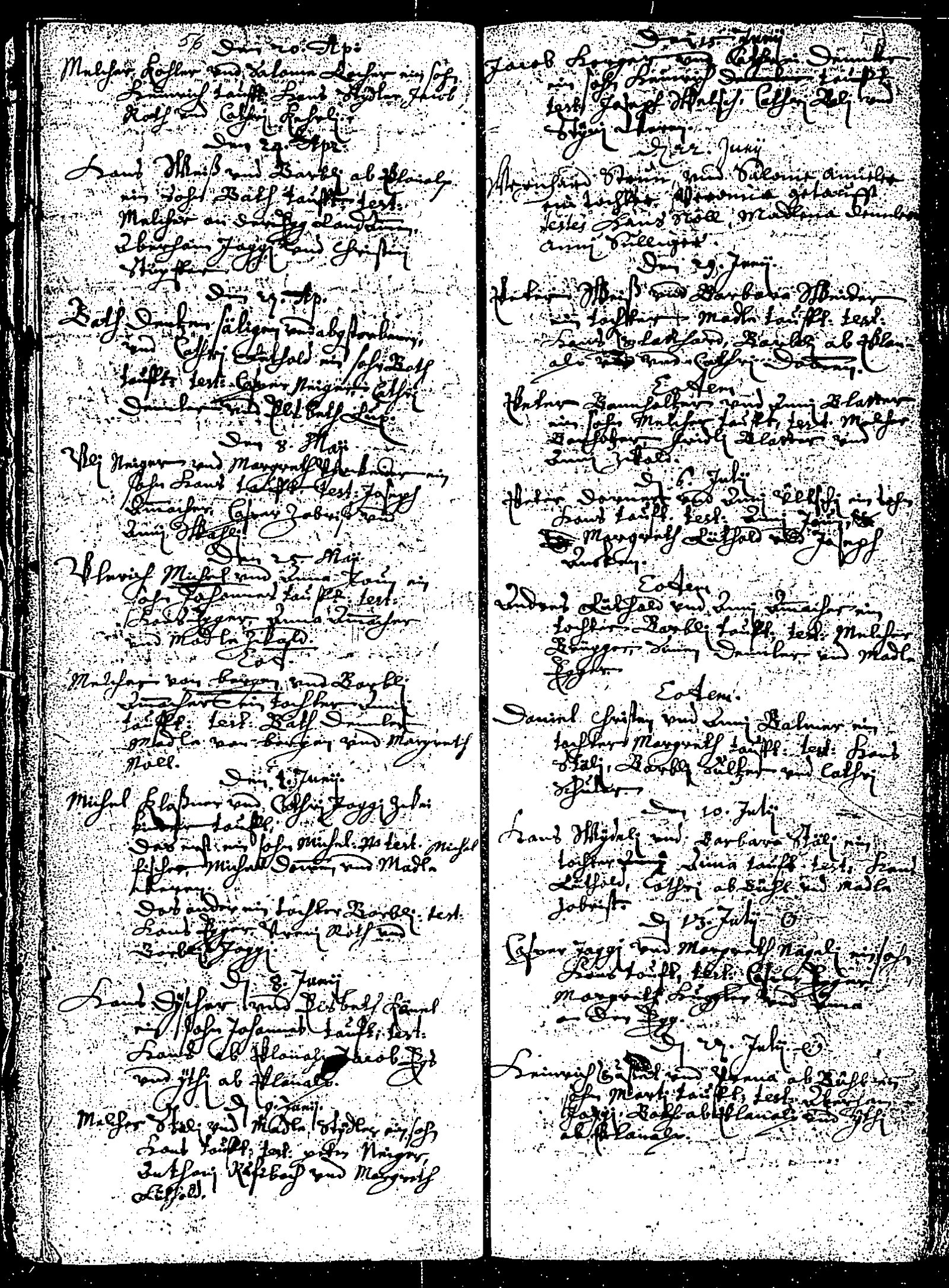 Black-and-white Meiringen baptism-register spread for June 1673 with the Hans Stäli entry at the bottom of the left page.