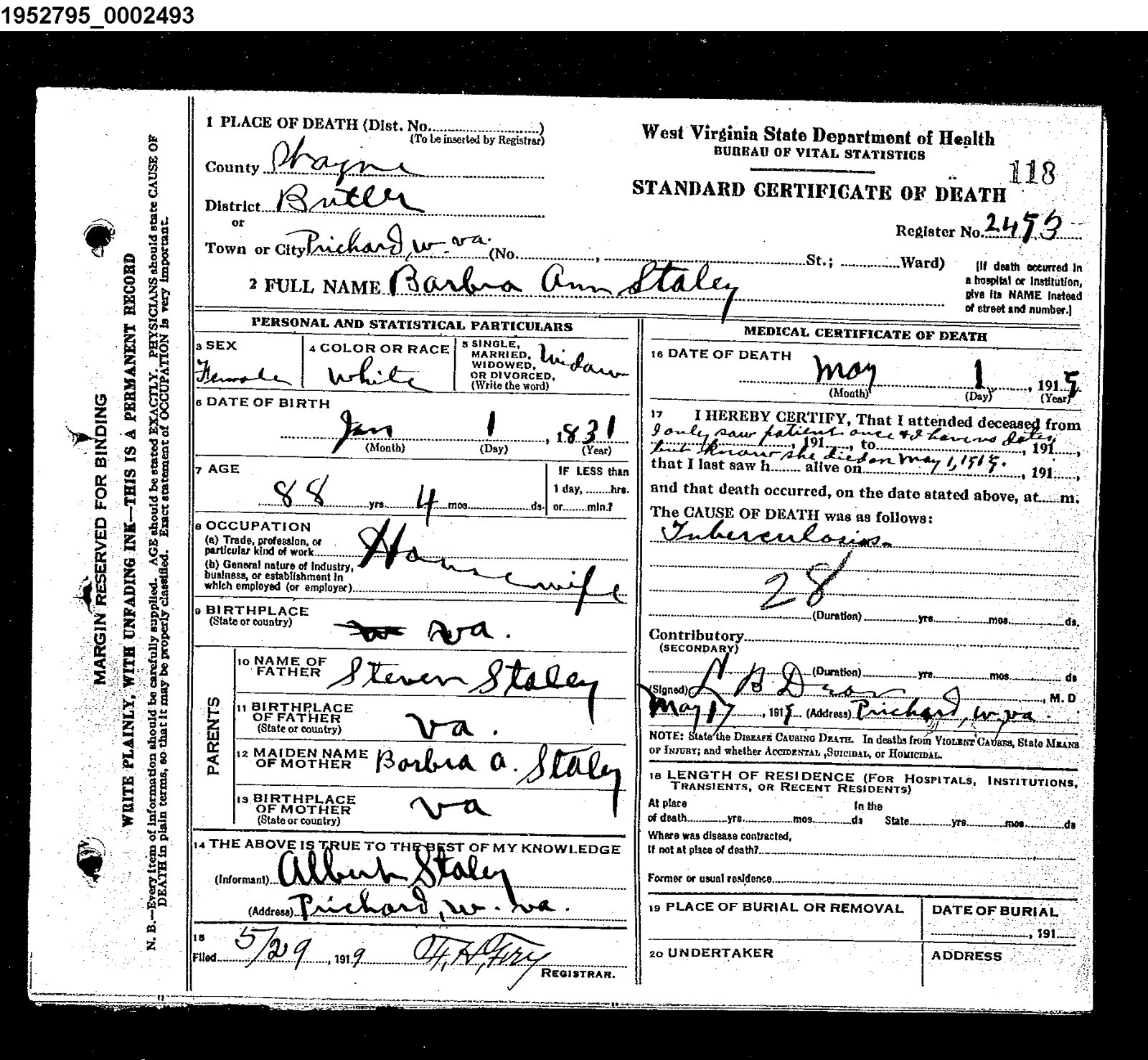 West Virginia death certificate for Barbara Ann Staley with parent fields naming Steven and Barbara A. Staley.