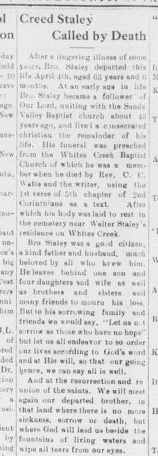 Tall newspaper clipping headed Creed Staley Called by Death.