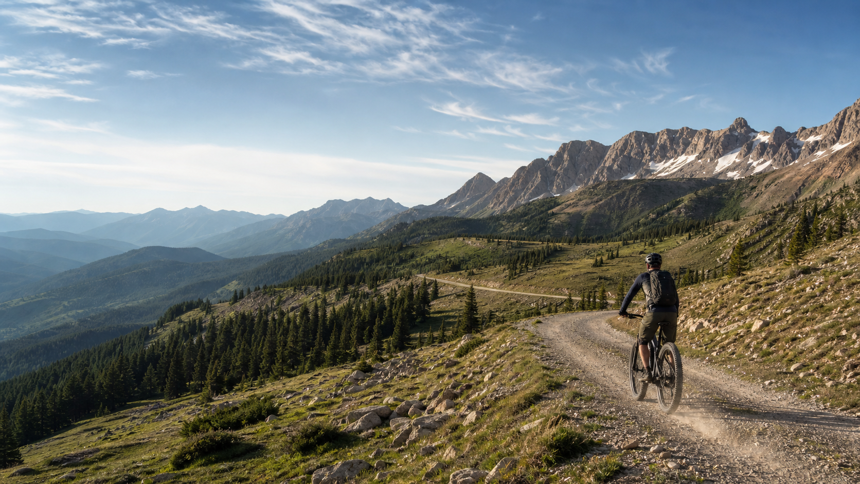 A lone e-bike rider descending a gravel road through high Rocky Mountain terrain