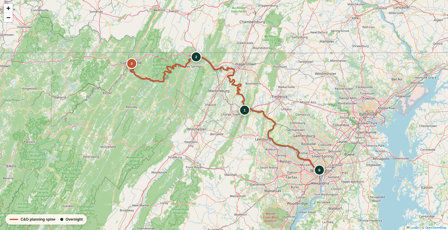 Map tracing the C&O Canal Towpath from Georgetown through Harpers Ferry and Hancock to Cumberland, with the two overnight towns and finish marked