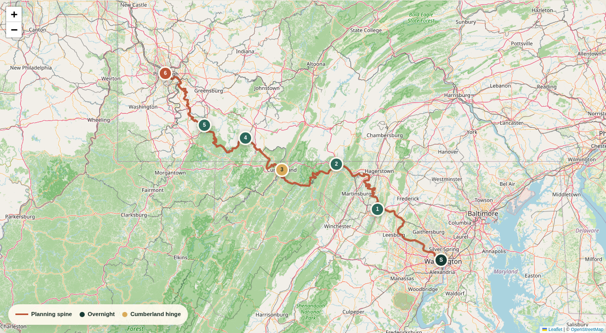 Route overview map tracing the C&O Canal and Great Allegheny Passage from Washington, DC through Harpers Ferry, Hancock, Cumberland, Rockwood and Connellsville to Pittsburgh