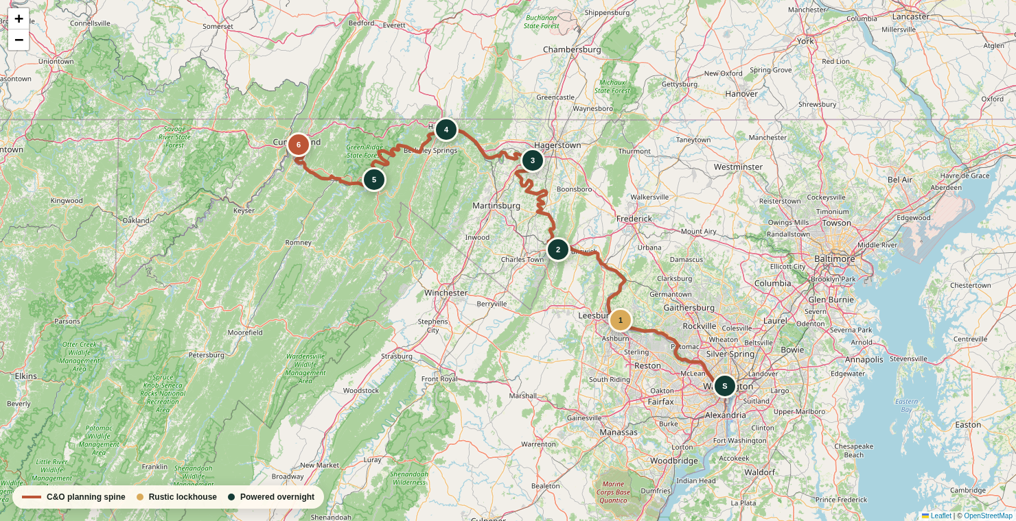 Map of the C&O Canal Towpath from Georgetown to Cumberland with six daily stages and overnights at Edwards Ferry, Harpers Ferry, Williamsport, Hancock and Paw Paw