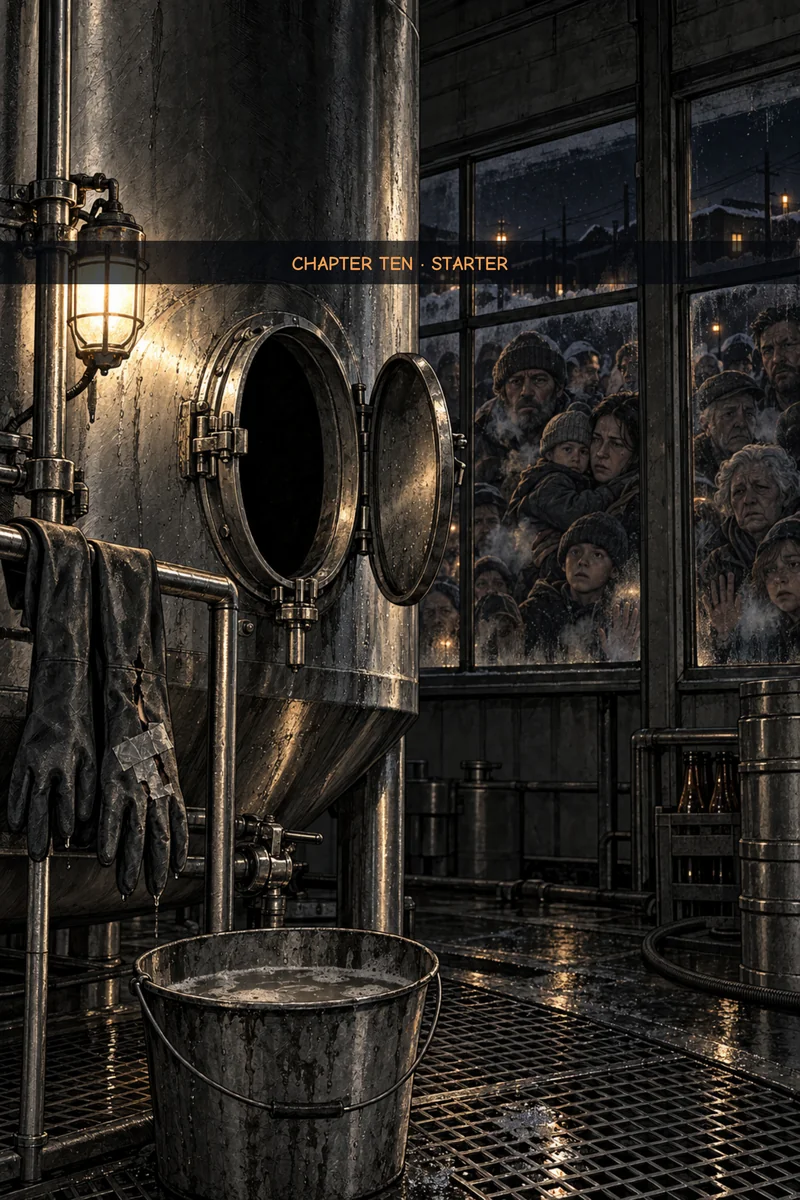 Chapter 10 cover: a steel fermenter tank stands open in a dim plant, rubber gloves hanging from its rail above a bucket, while hungry townspeople in winter hats press against the frosted windows