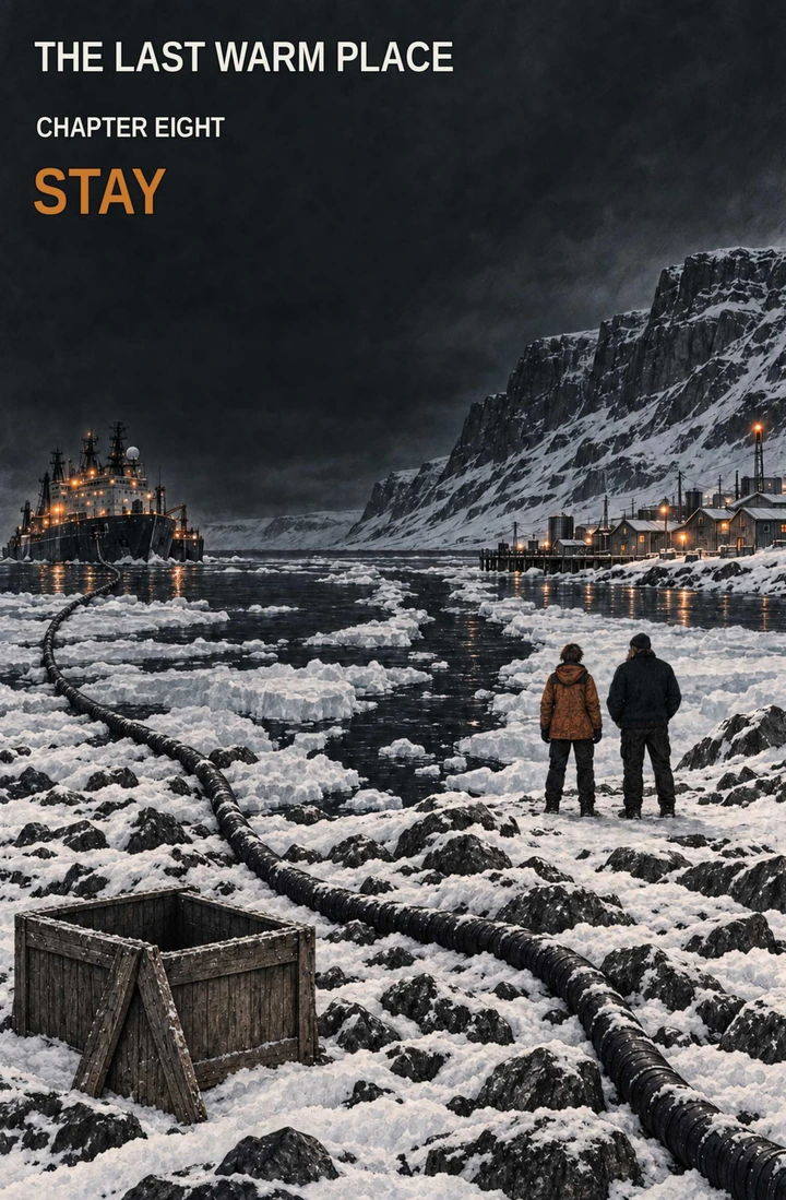 Chapter 8 title page: Stay — a power cable links the ship and settlement