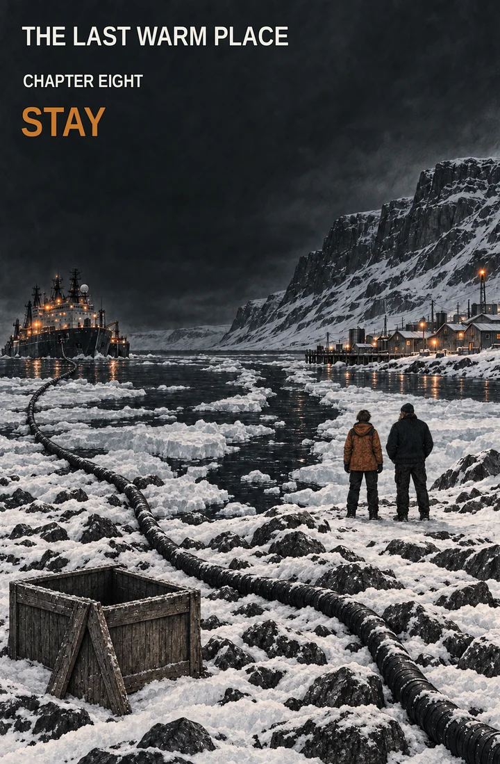 Chapter 8 title page: Stay — a power cable links the ship and settlement