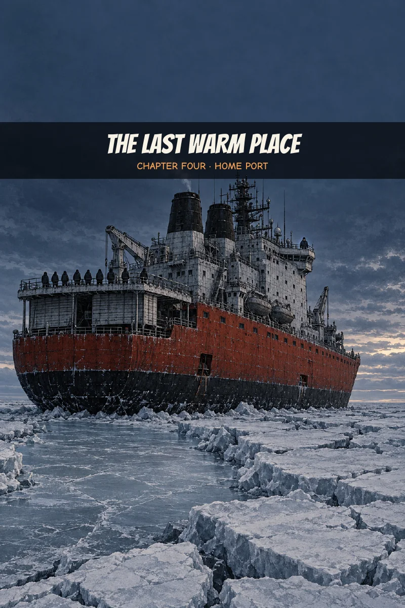 Chapter 4 cover: the stopped red-hulled Severnaya Zvezda in pack ice beneath a dark Arctic sky
