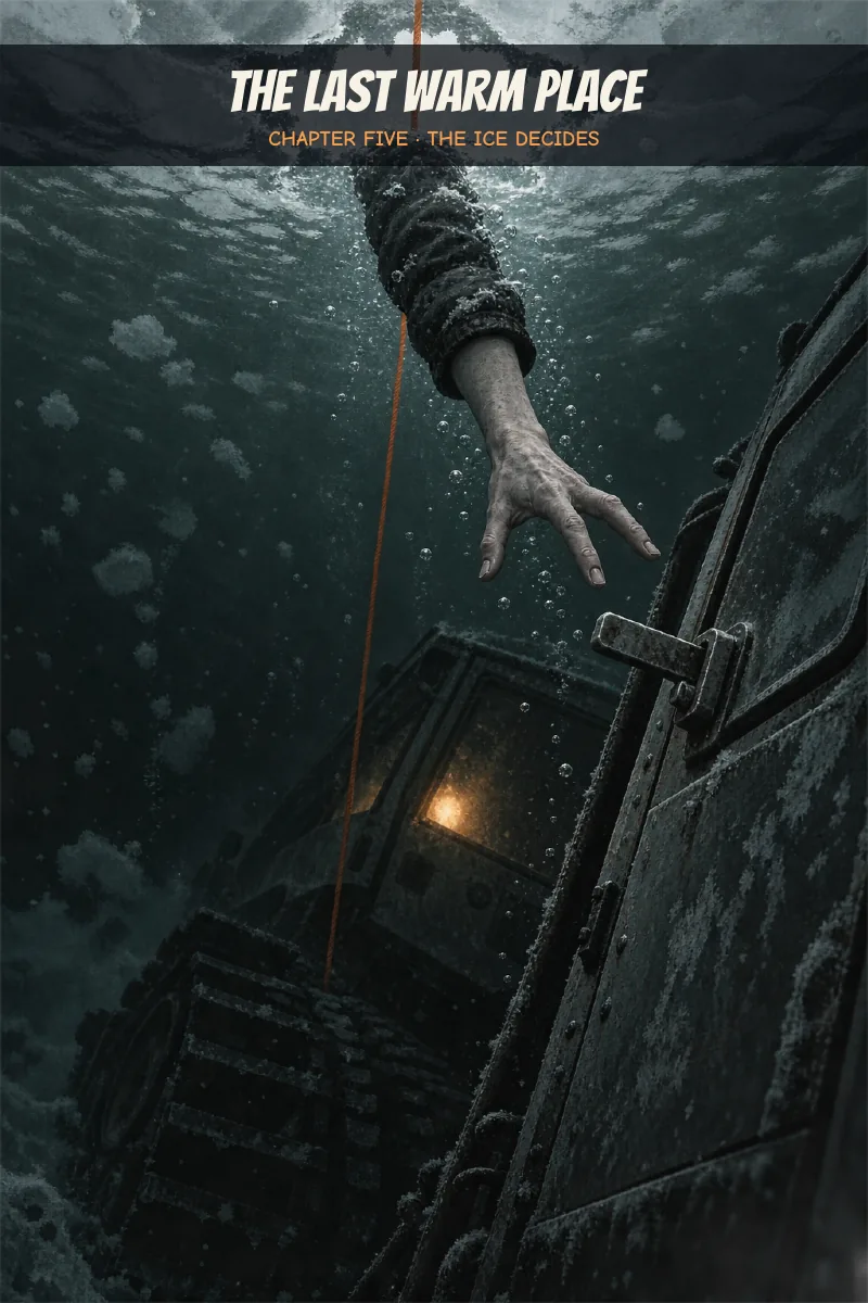 Chapter 5 cover: a bare hand reaches through dark water toward the jammed door latch of a sunken tracked vehicle
