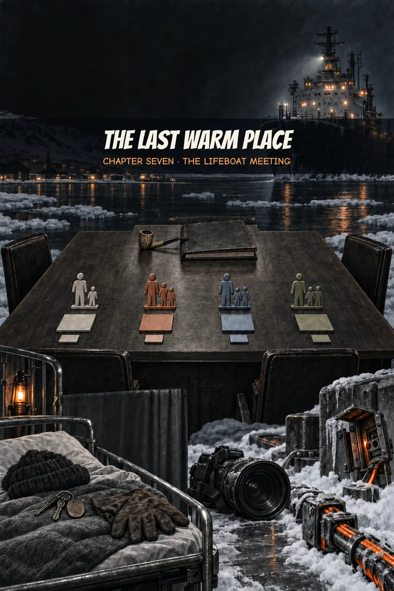 Chapter 7 cover: a long meeting table on the ice with four groups of family figures and their cards, a pipe and ledger at its head, the icebreaker lit in the harbour behind, and a camera, a hospital cot and an orange power cable in the snow
